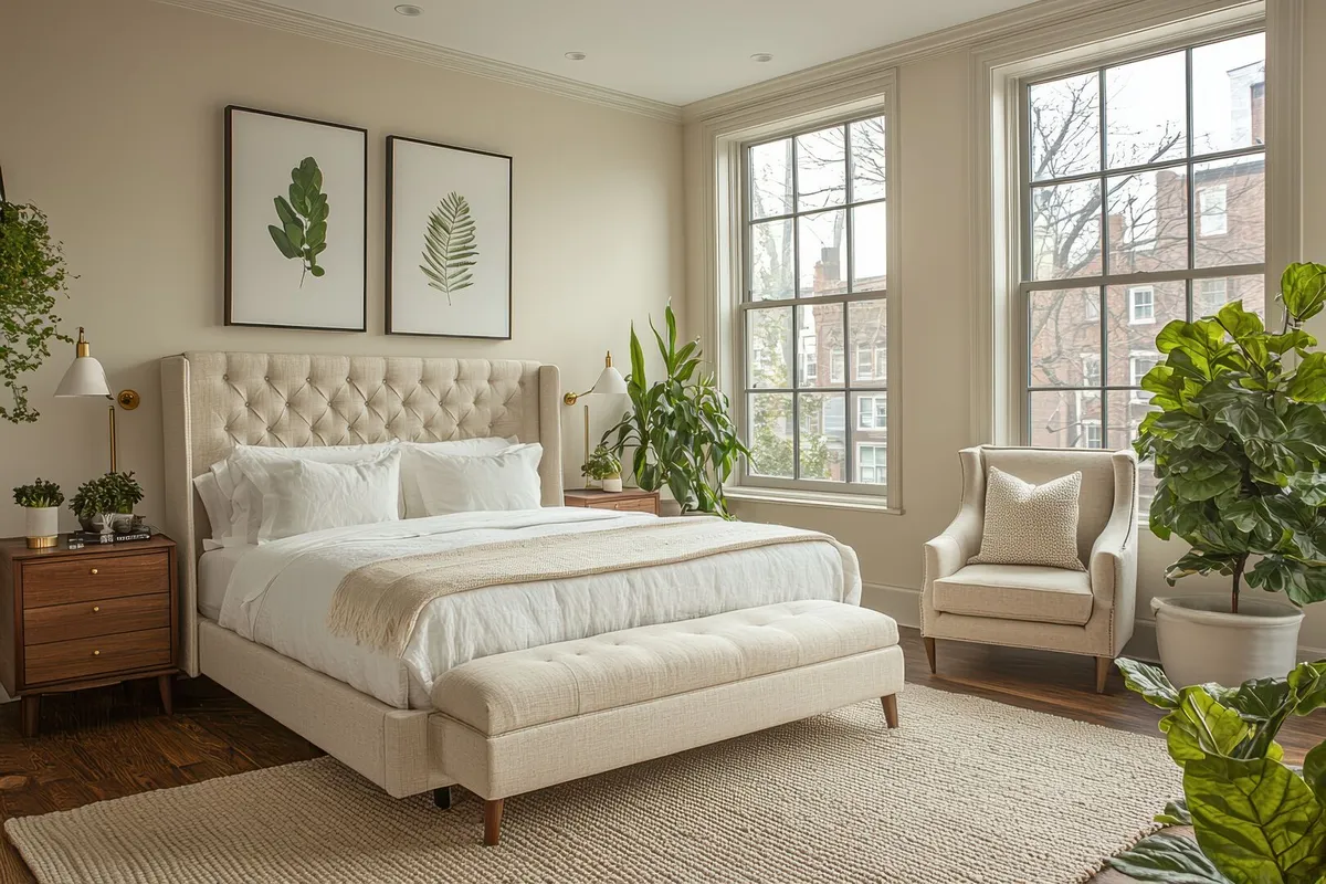 Cozy modern bedroom design with neutral tones