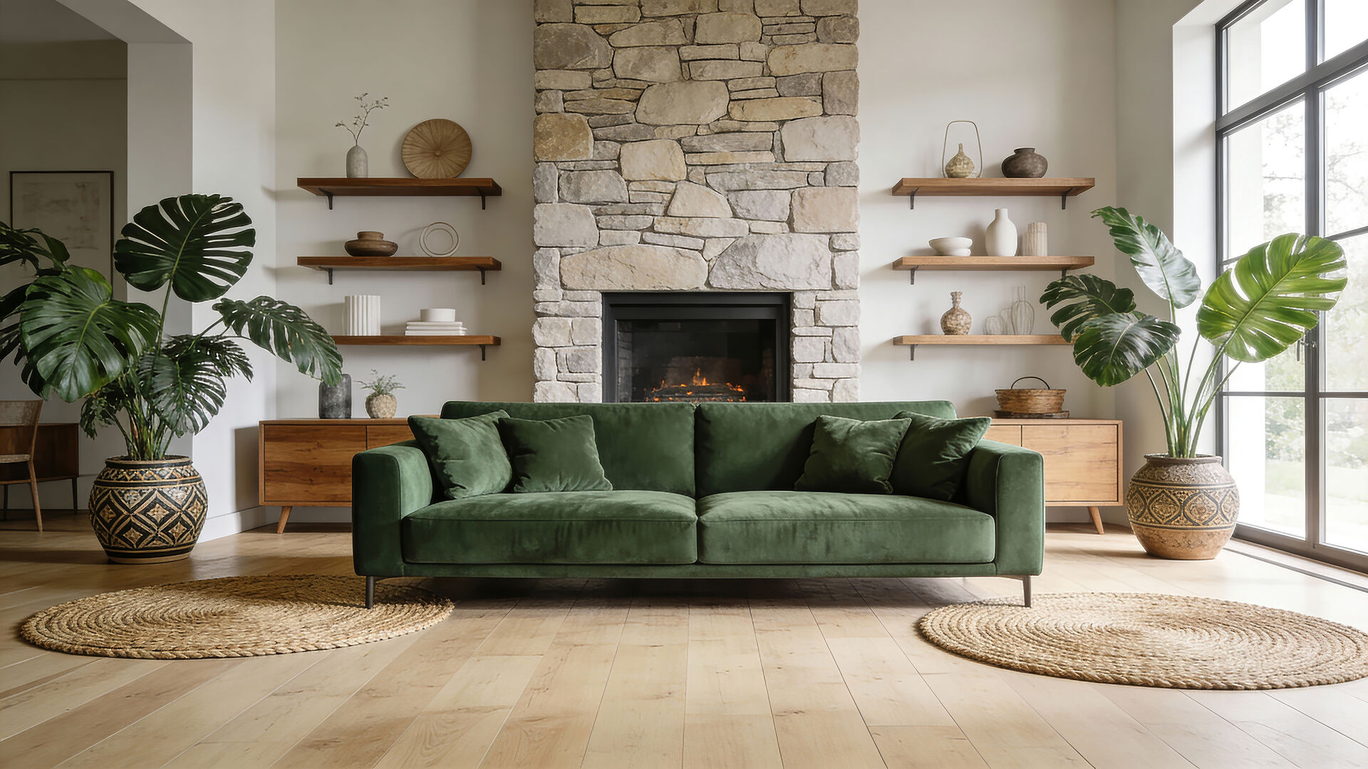 Modern interior design of living room with fireplace, cozy sofa, beautiful decoration, exotic plants