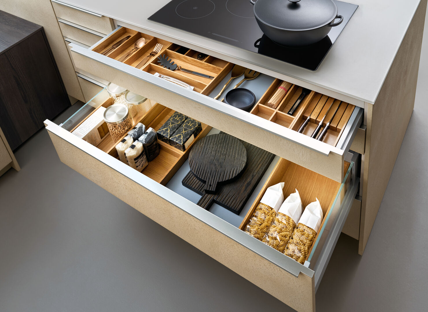 Modern kitchen, Open drawers, Set of cutlery trays in kitchen drawer