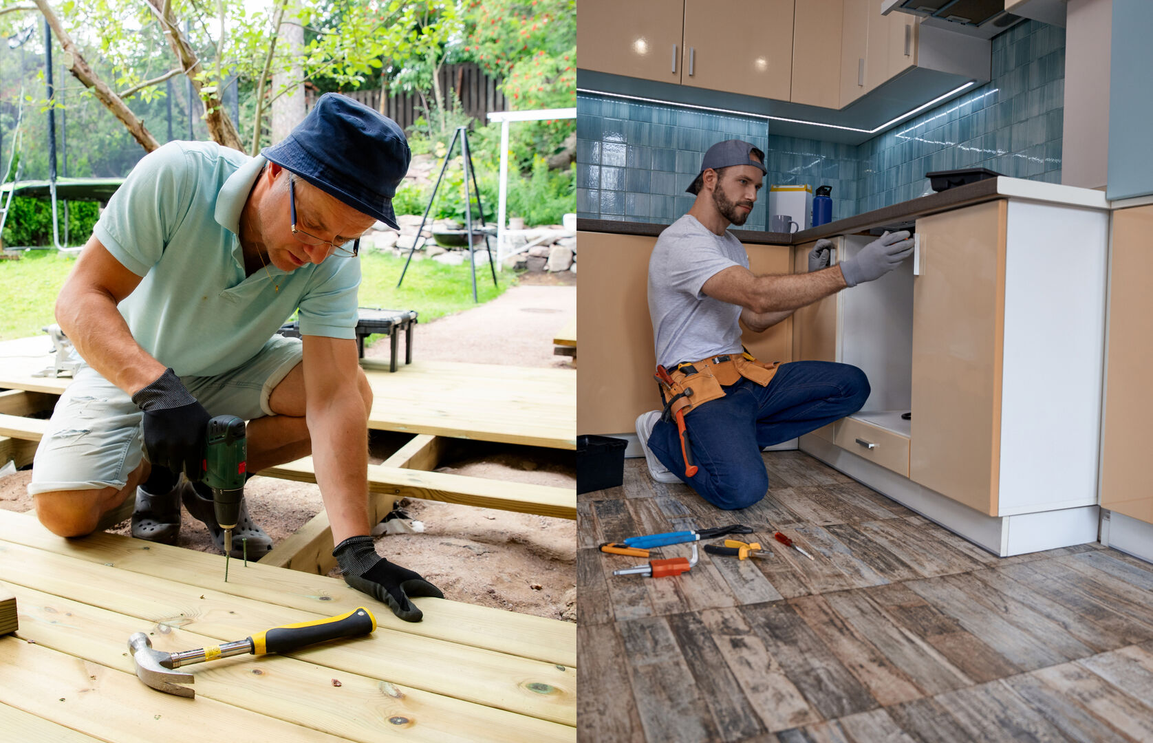 Split image: left side showing an outdoor deck project, right side showing an indoor kitchen renovation