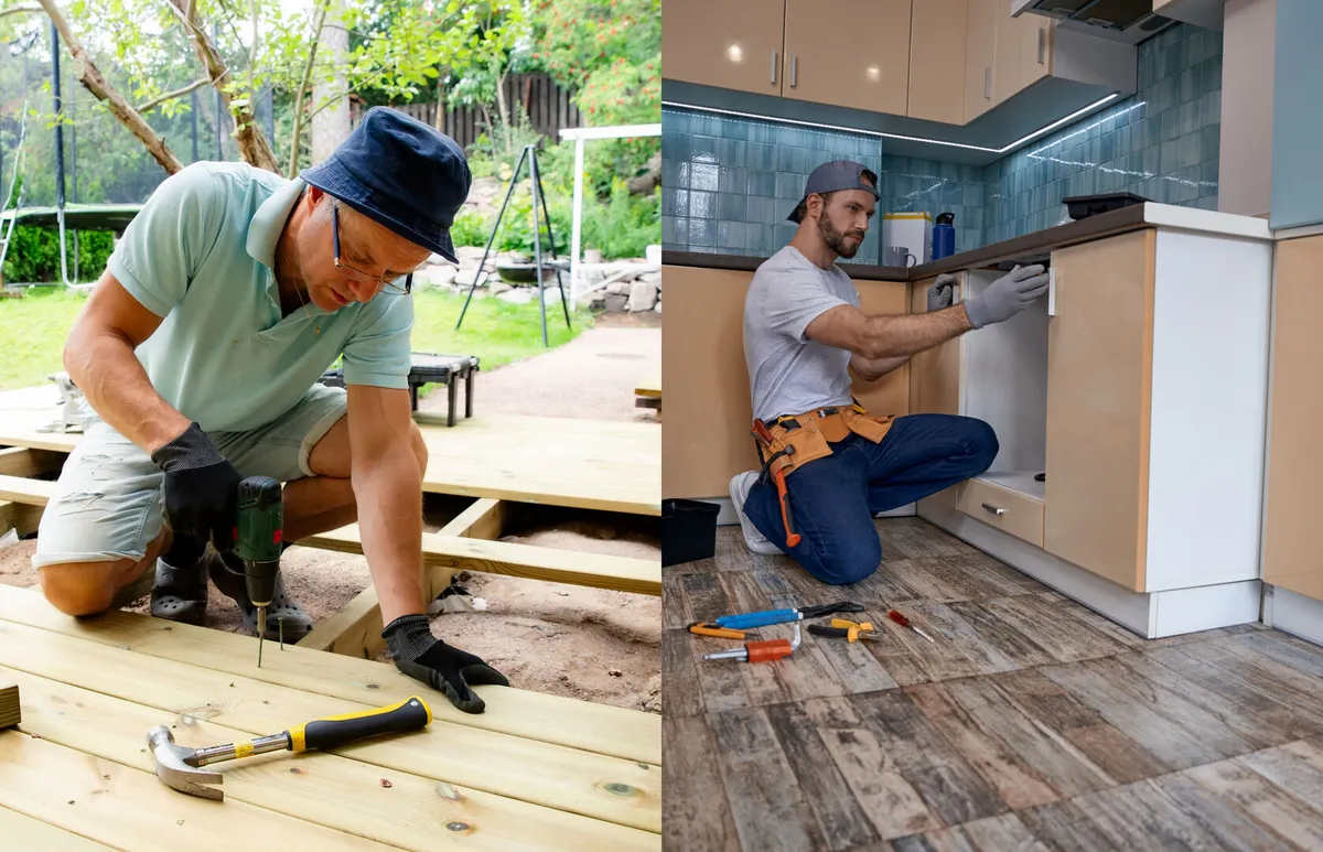 Split image: left side showing an outdoor deck project, right side showing an indoor kitchen renovation