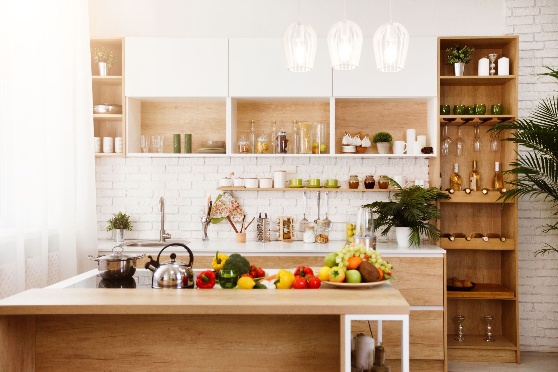 modern kitchen island with fresh fruit