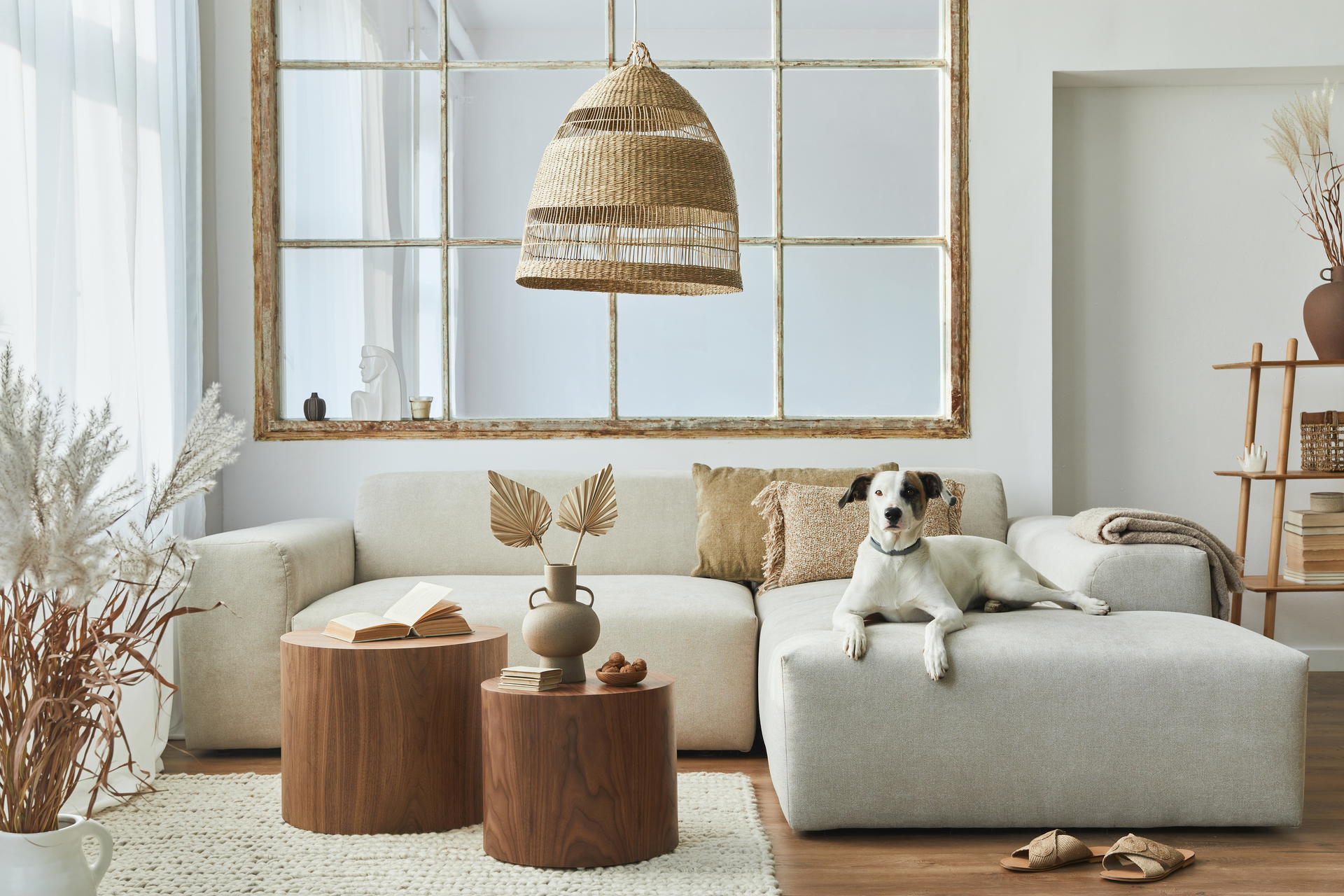 dog relaxing on a couch in bright room