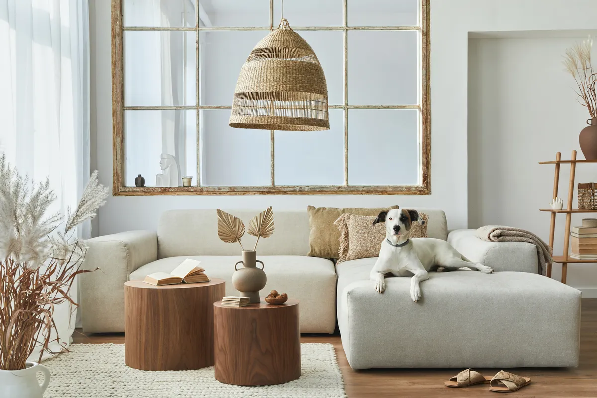 dog relaxing on a couch in bright room