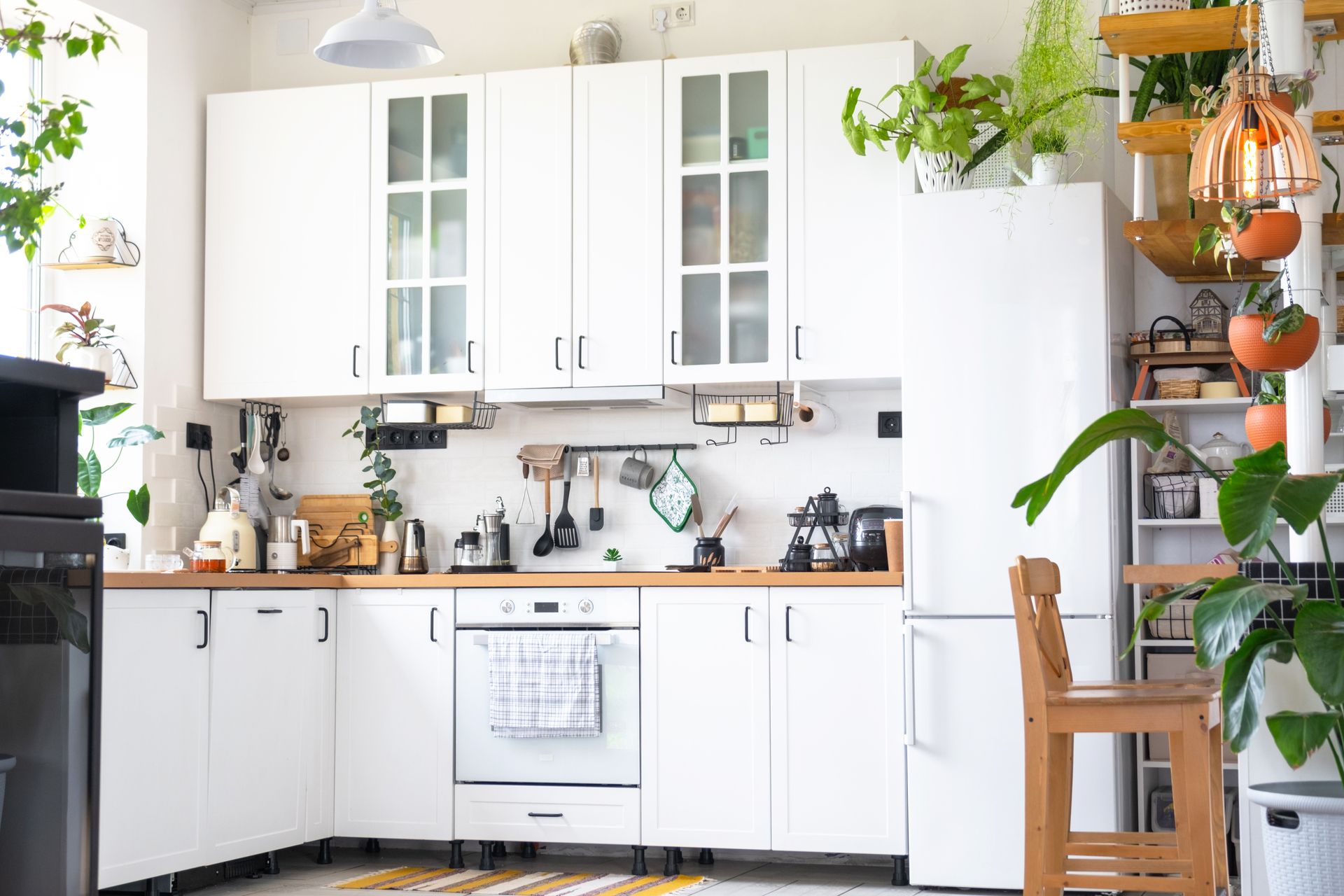 Bright White Kitchen with Plants and Wooden Countertops
