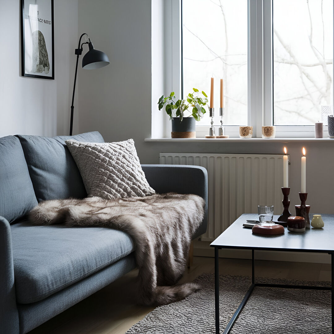 Stylish and cozy reading nook with dark grey sofa and faux fur throw