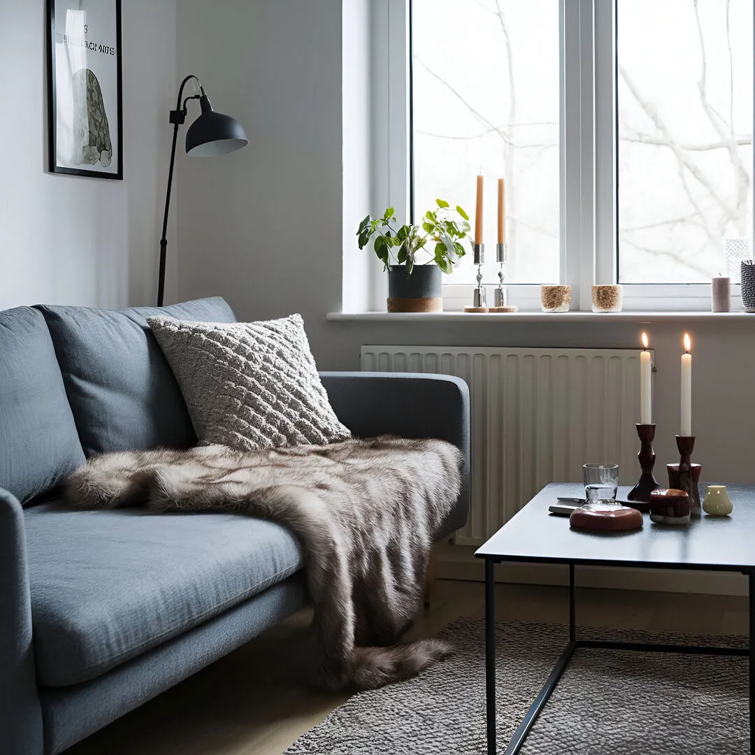 Stylish and cozy reading nook with dark grey sofa and faux fur throw