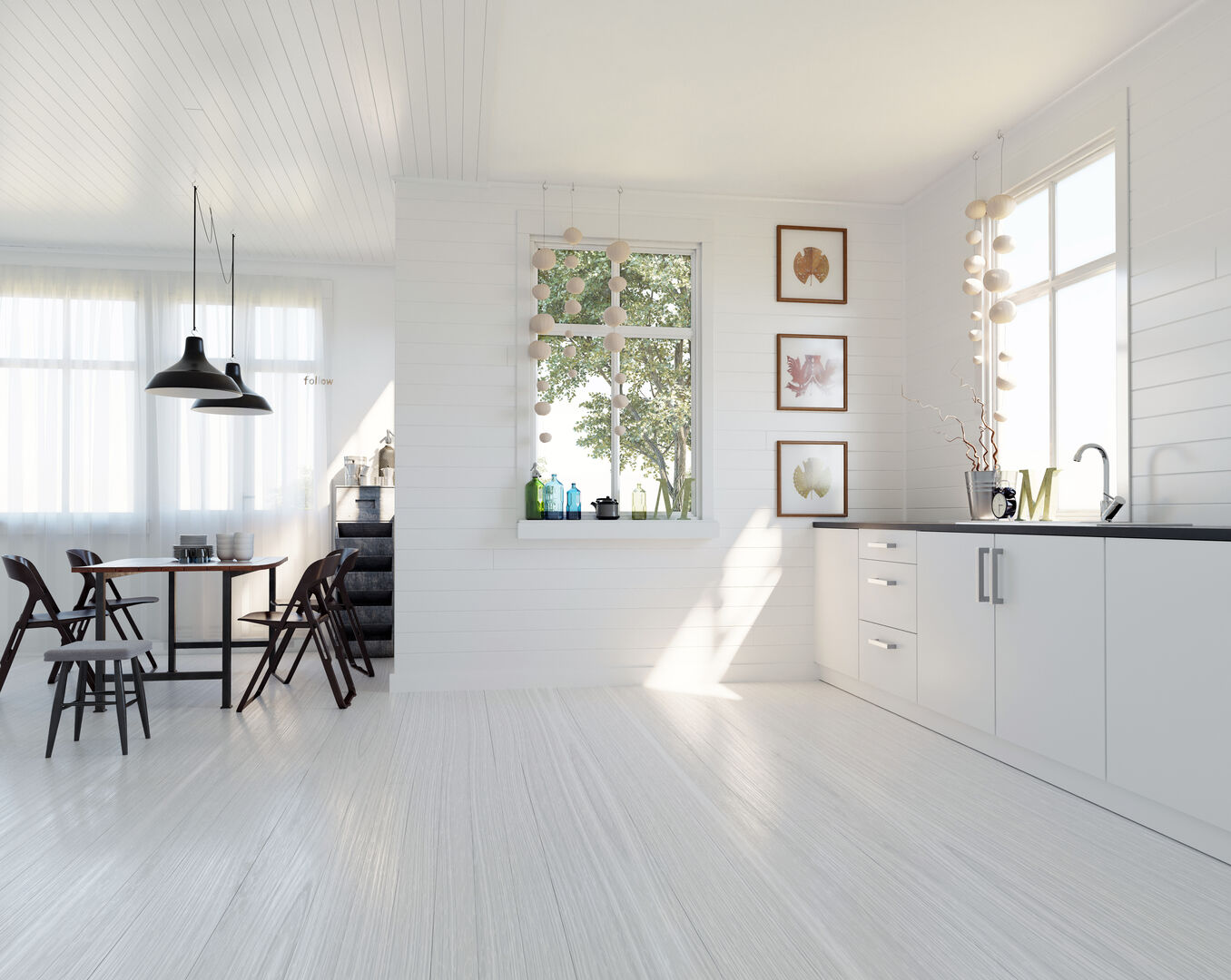 Modern white Scandinavian kitchen and dining room interior