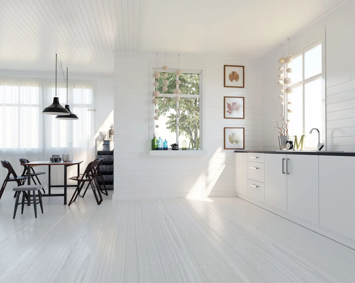 Modern white Scandinavian kitchen and dining room interior