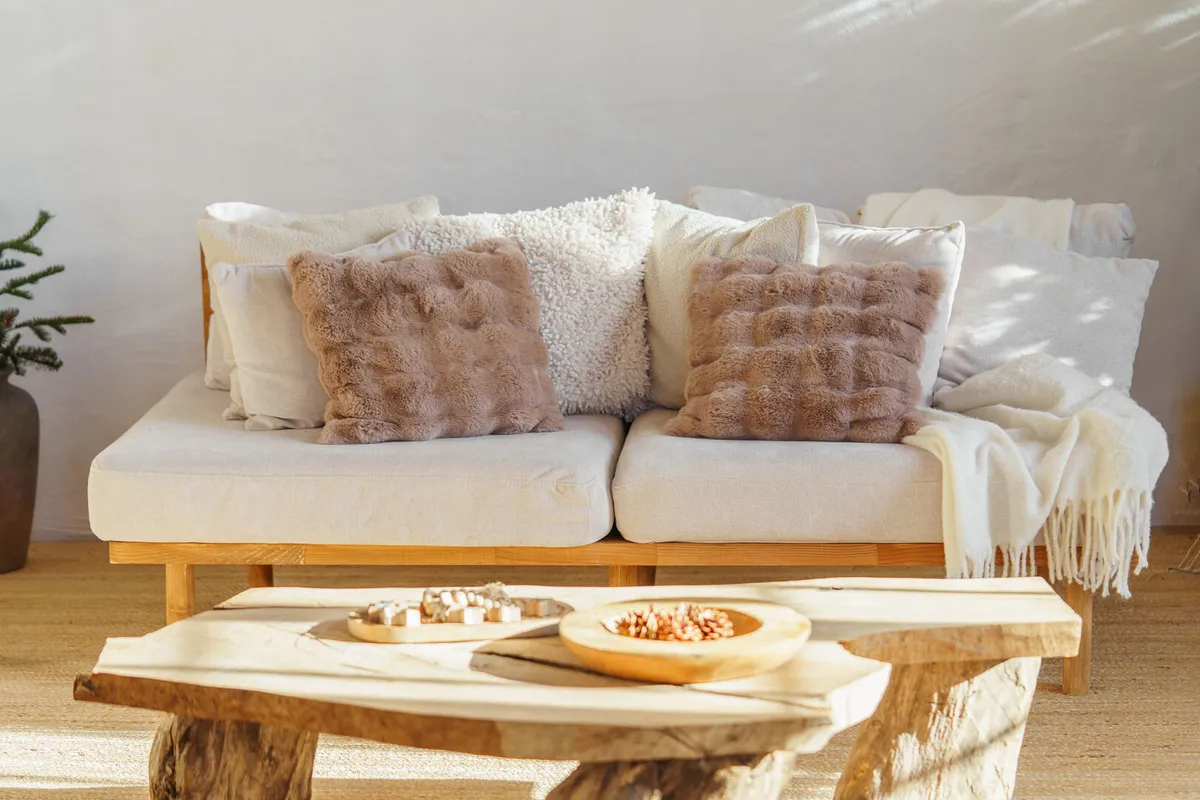 Comfortable white sofa with decorative pillows, cushions and wooden coffee table in cozy minimalist living room
