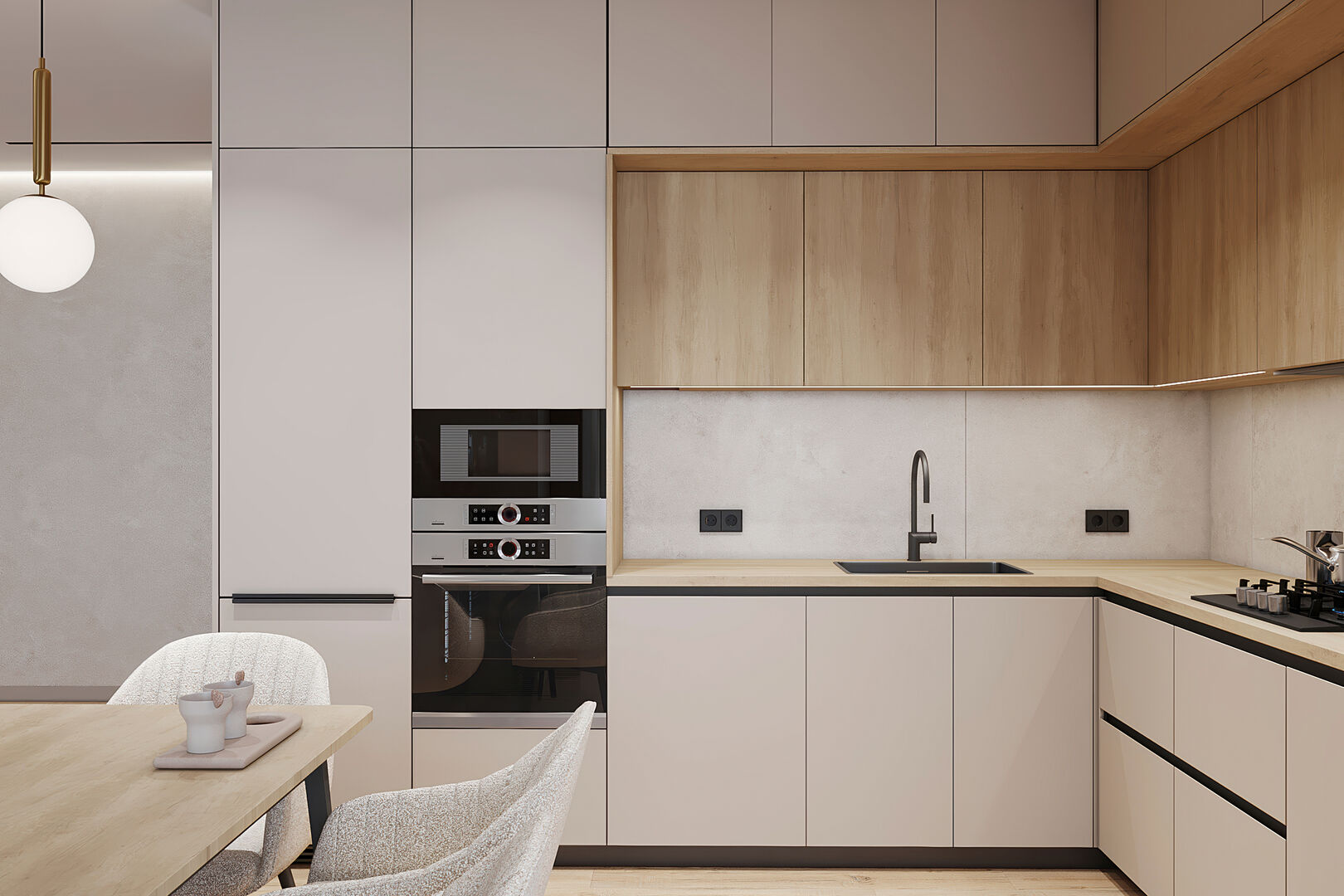 Contemporary kitchen corner with built-in oven, wood accents, soft cabinets, and black fixtures