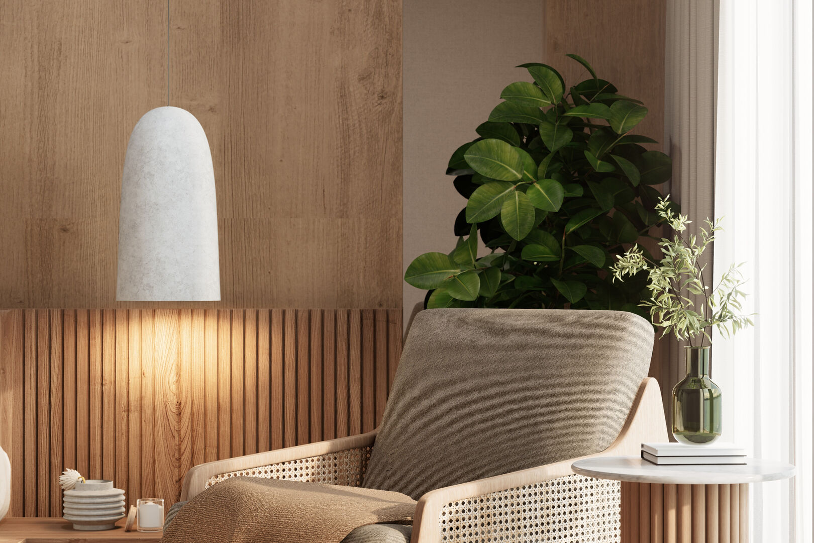 Modern living space featuring a wooden accent wall, a comfortable chair, a plant, and stylish decor elements