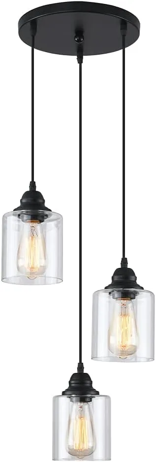 3-Lights Industrial Pendant Light with Glass Shade Matte Black Pendant