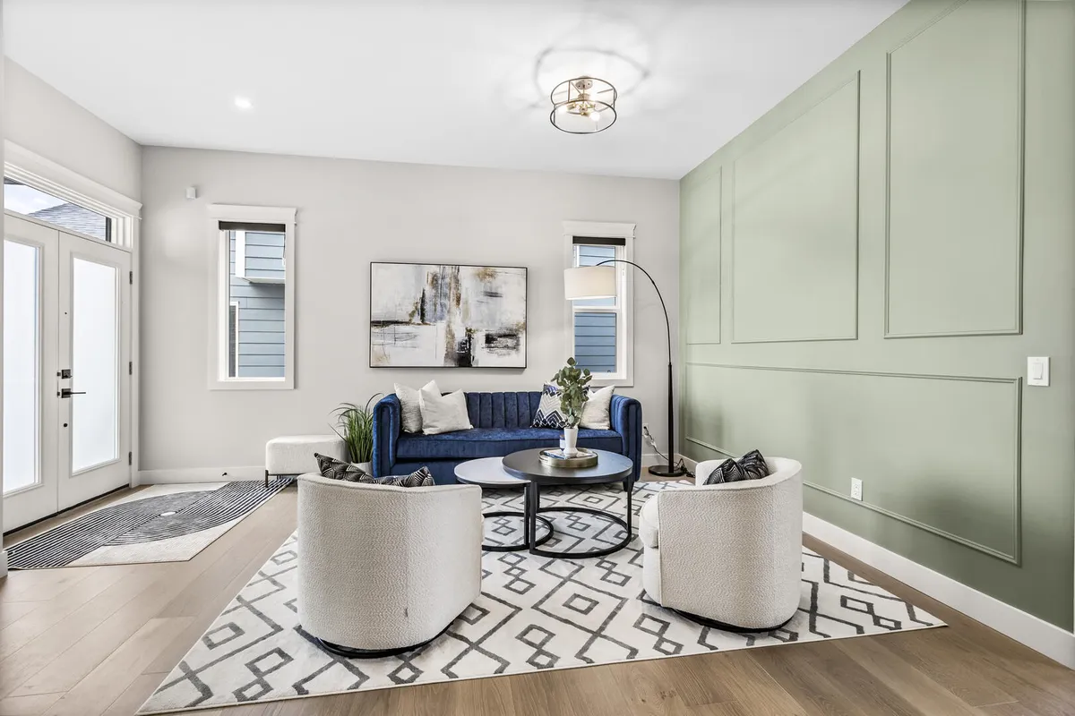 Blue, white and green living room inspiration