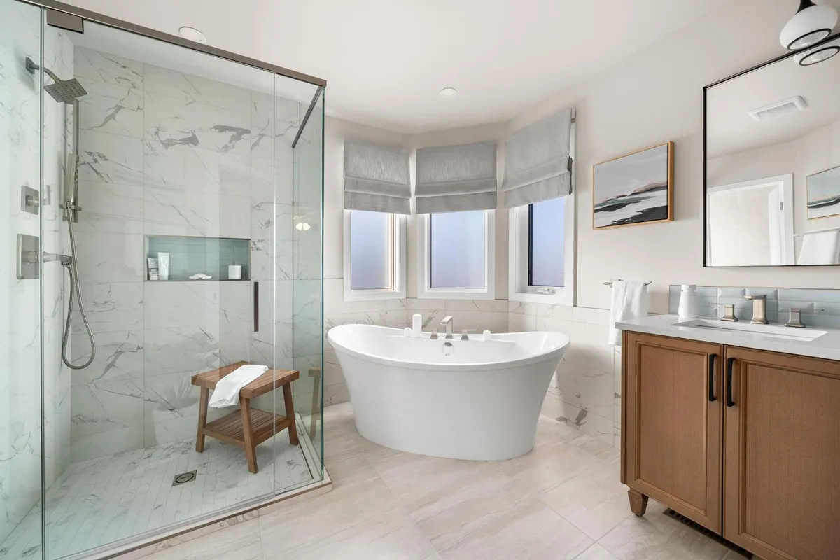Modern bathroom with large soaker tub and glass shower
