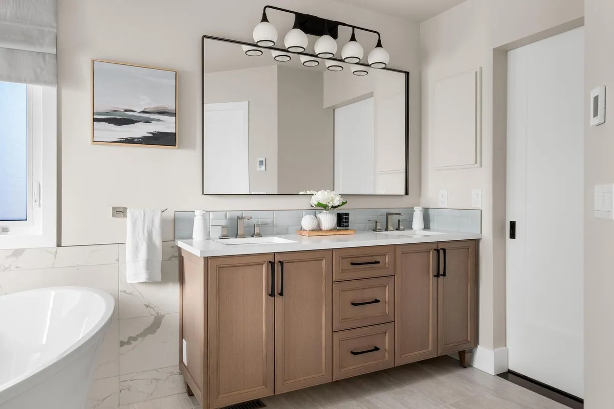 Modern marble double vanity with wood cabinets