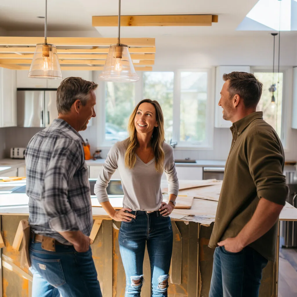 A contractor on a renovation site speaking with a couple