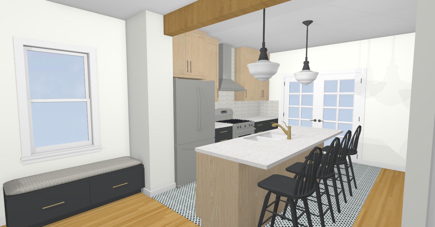 Modern white, oak, and gold kitchen design rendering
