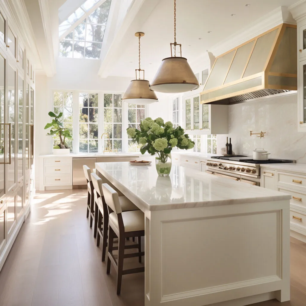 Light bright modern white kitchen stools at counter