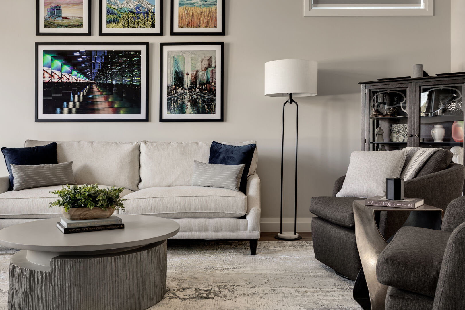 Bright living room with dark cabinet