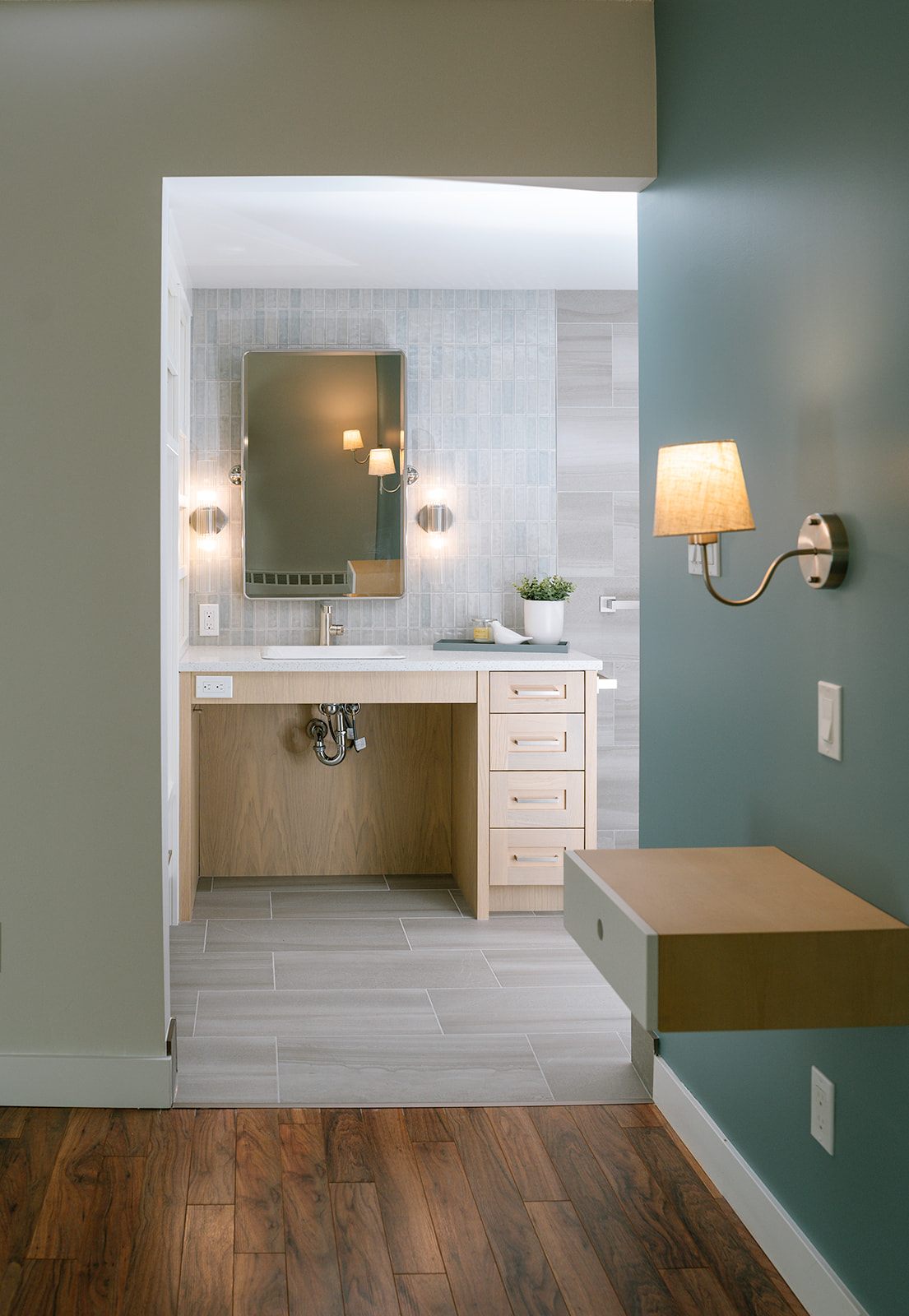 white oak vanity with accessible roll under sink