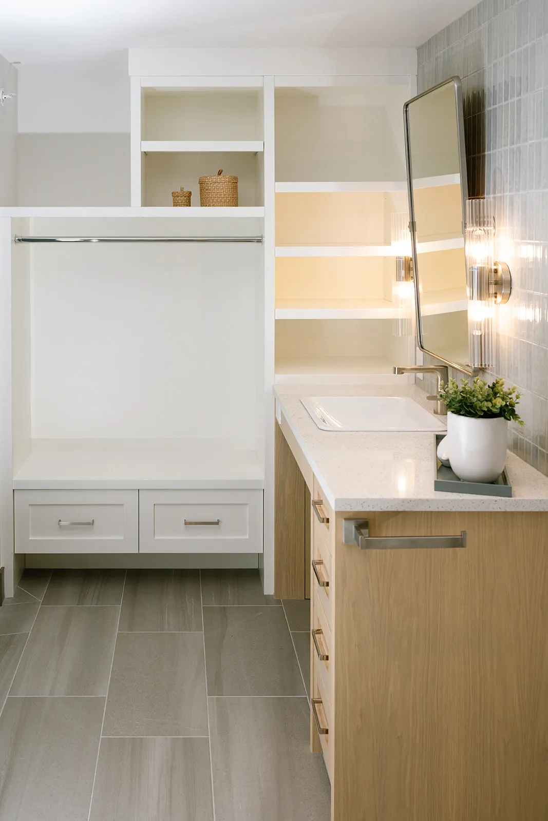 white oak vanity with roll under sink, custom storage.