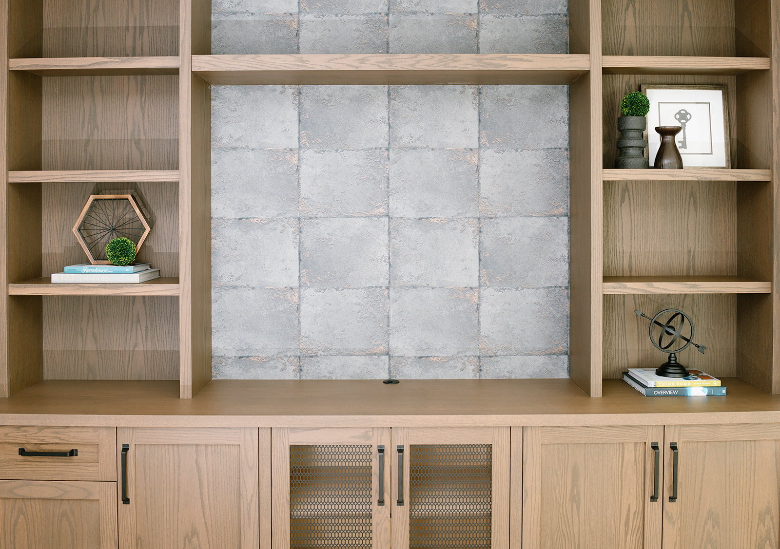 Walnut built-in cabinets with black hardware