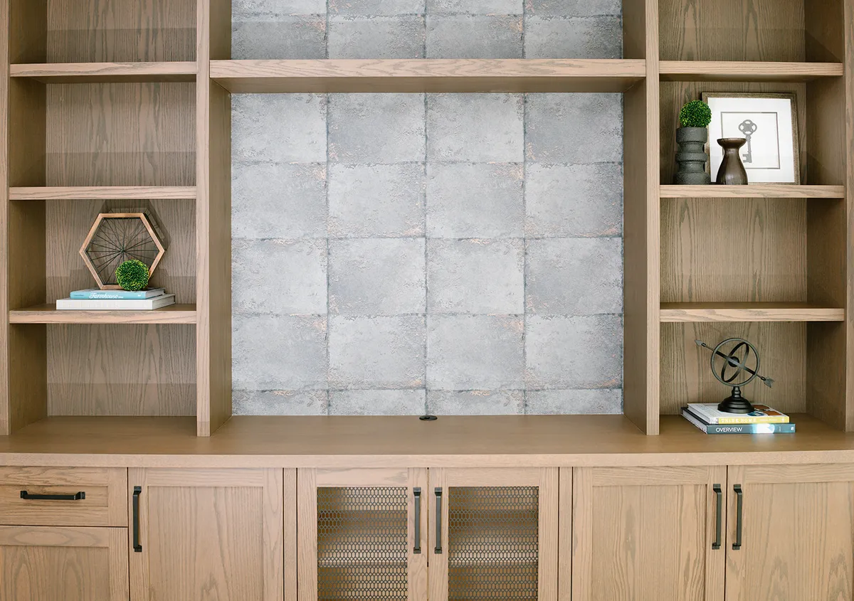 Walnut built-in cabinets with black hardware