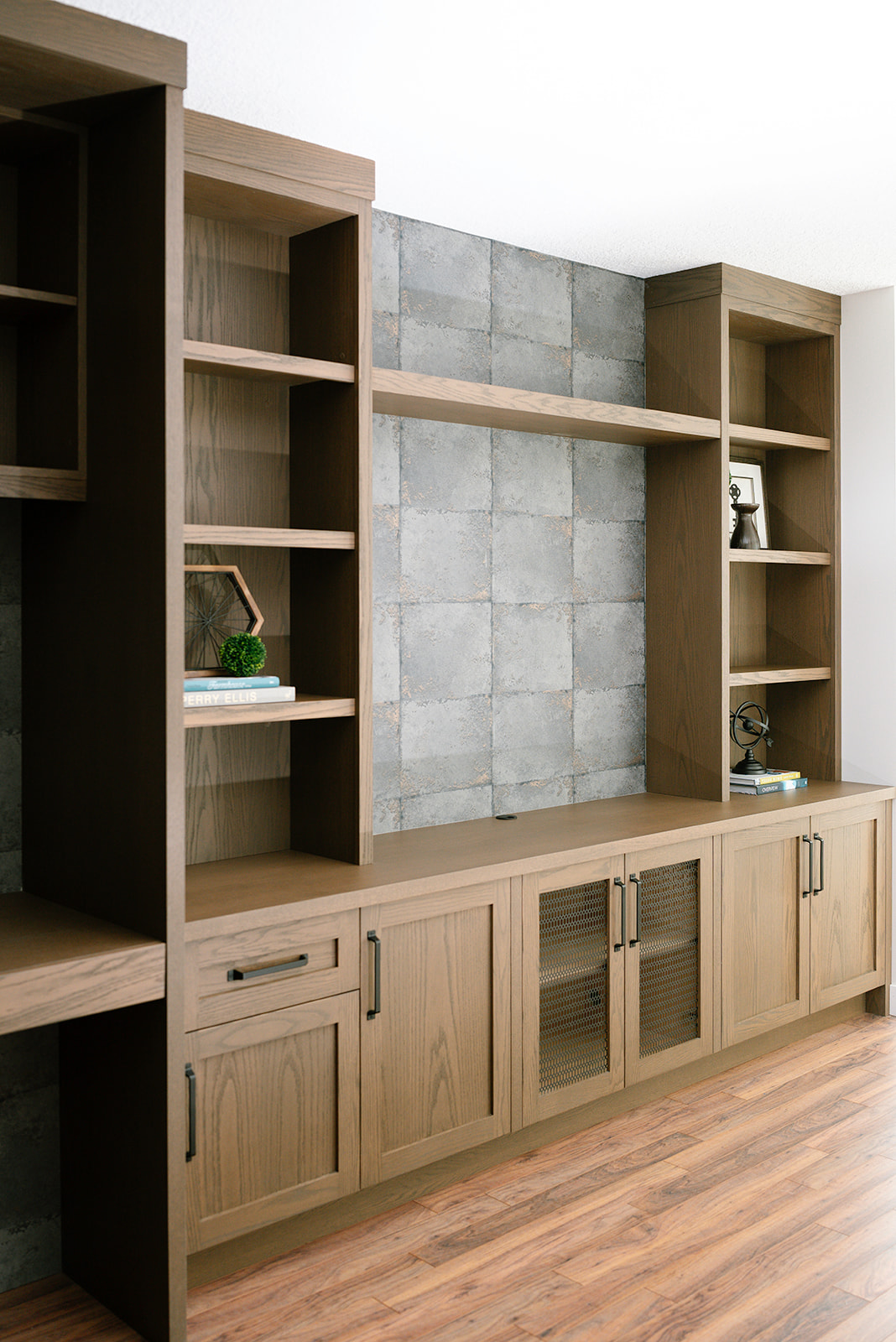 walnut built-ins with lower accessible counter
