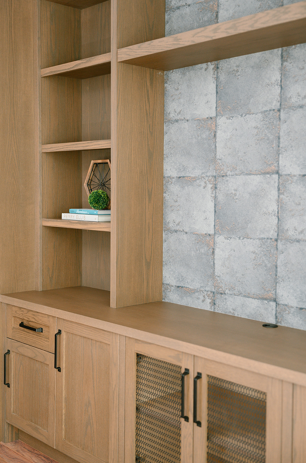 walnut built-ins with custom extendable desk and lots of storage, modern industrial