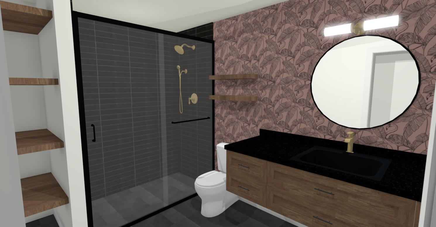 Modern black and walnut bathroom with flamingo wallpaper