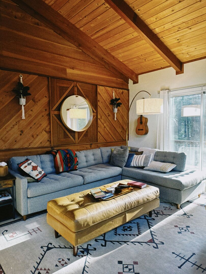 Wood and white cabin living room, modern rustic cabin design