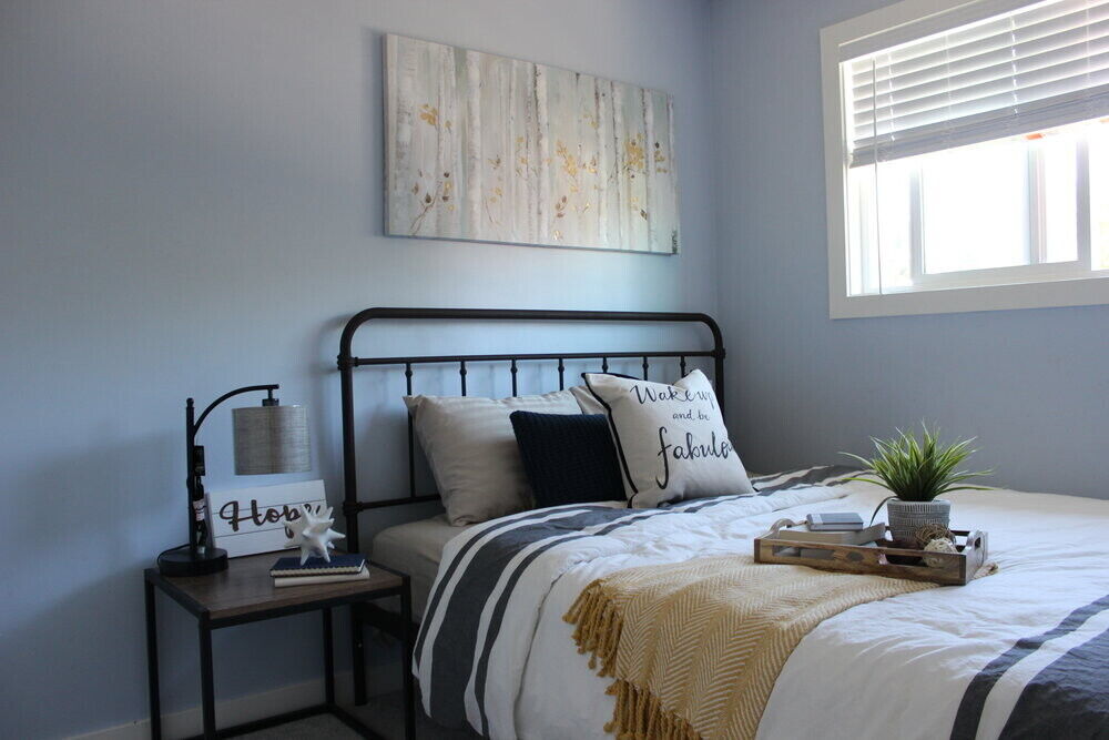 Coastal inspired bedroom by Calgary interior designer