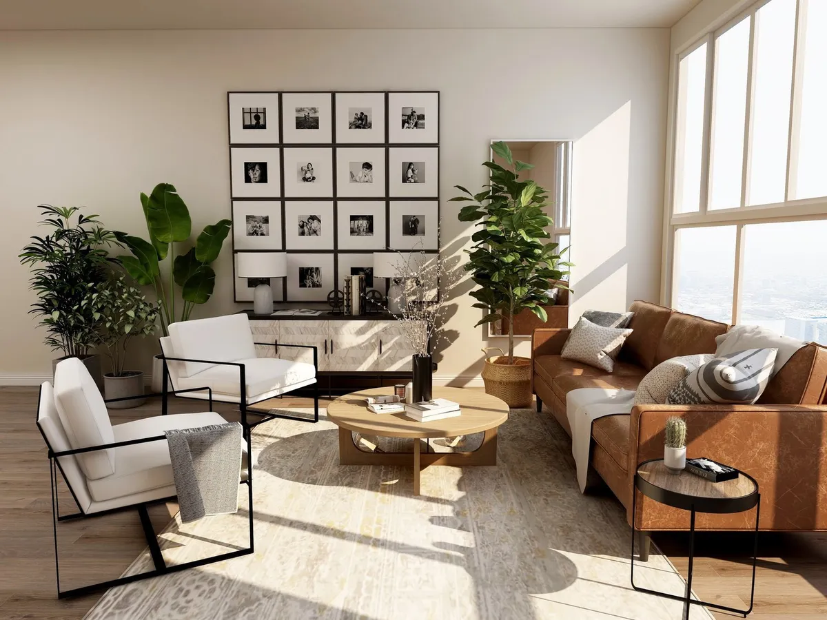 Modern living room picture window gallery wall