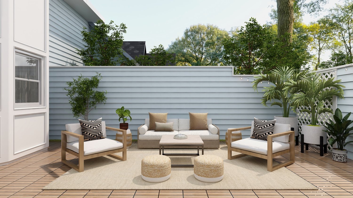 Rendering of a modern deck with patio furniture