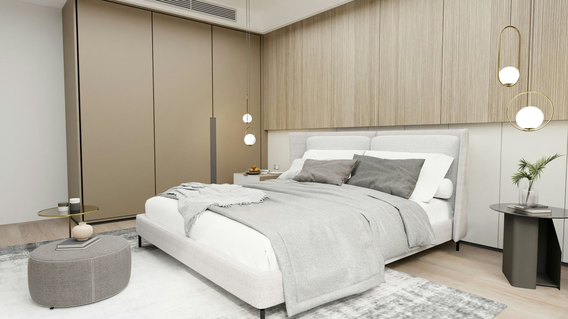 Minimalist bedroom design, neutral modern bedroom