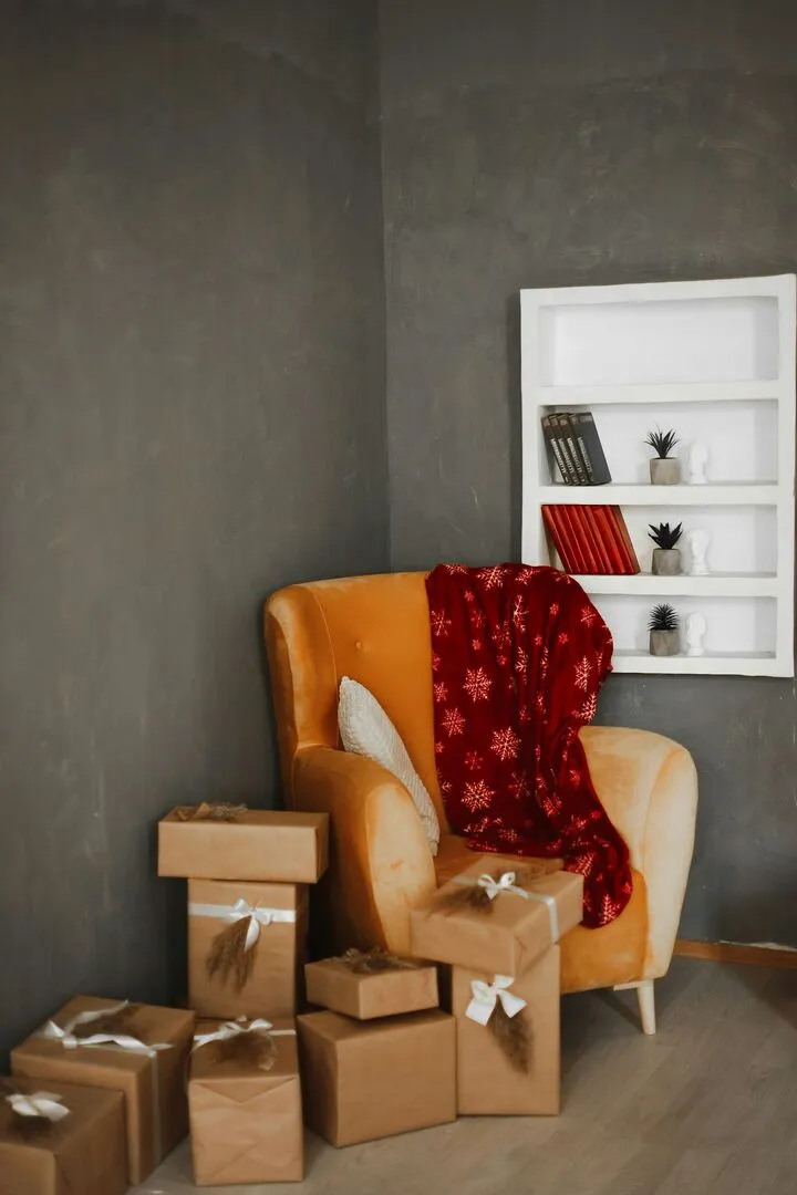 Leather armchair with blanket draped over back and boxes surrounding it
