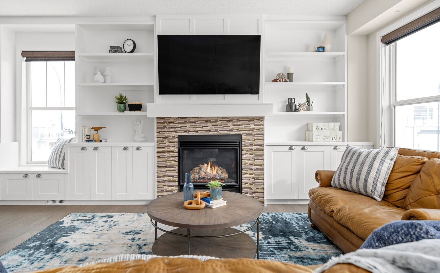 modern living room white built-ins with fireplace