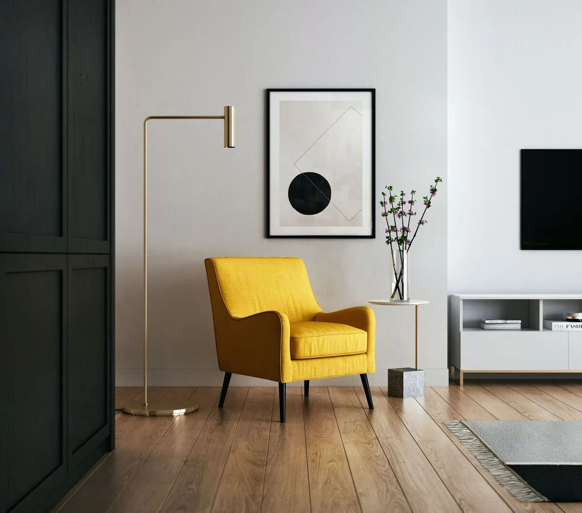 Modern living room with a yellow accent chair beside a brass floor lamp.