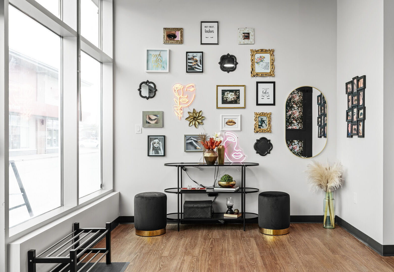 Black, white, gold and pink gallery wall