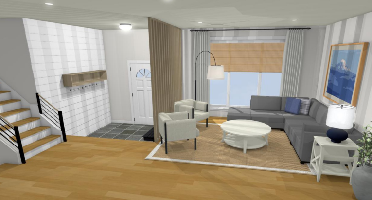 A rendering of a living room entryway