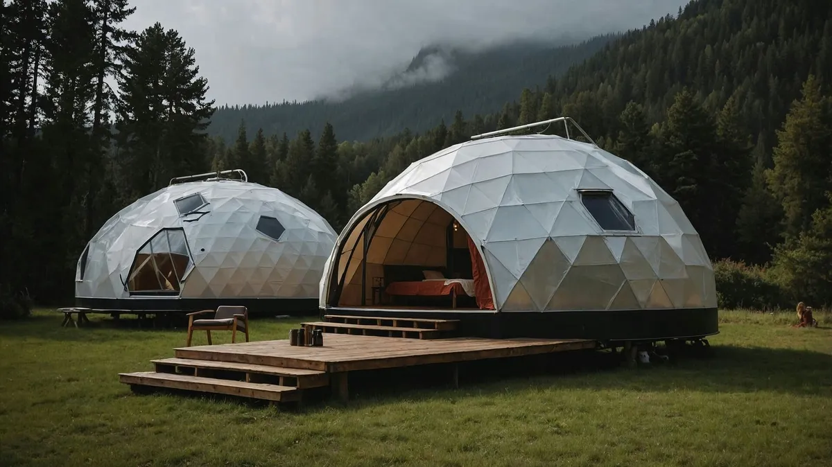 Two modern yurt structures in a valley amidst the mountains.