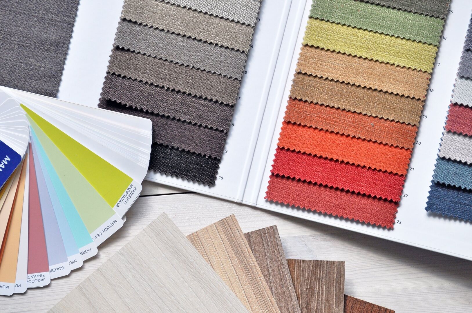 Interior designer fabric samples of various colours