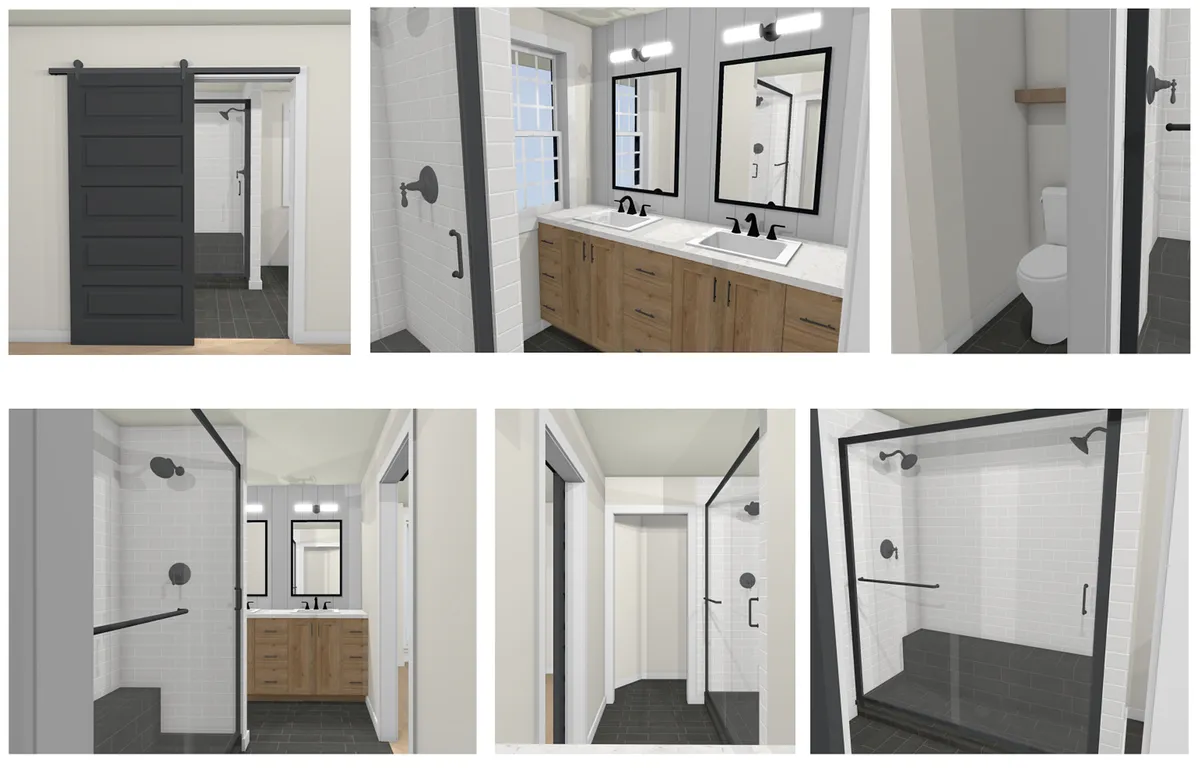 White, black and white oak bathroom with shiplap, white oak vanity with white shiplap backsplash wall