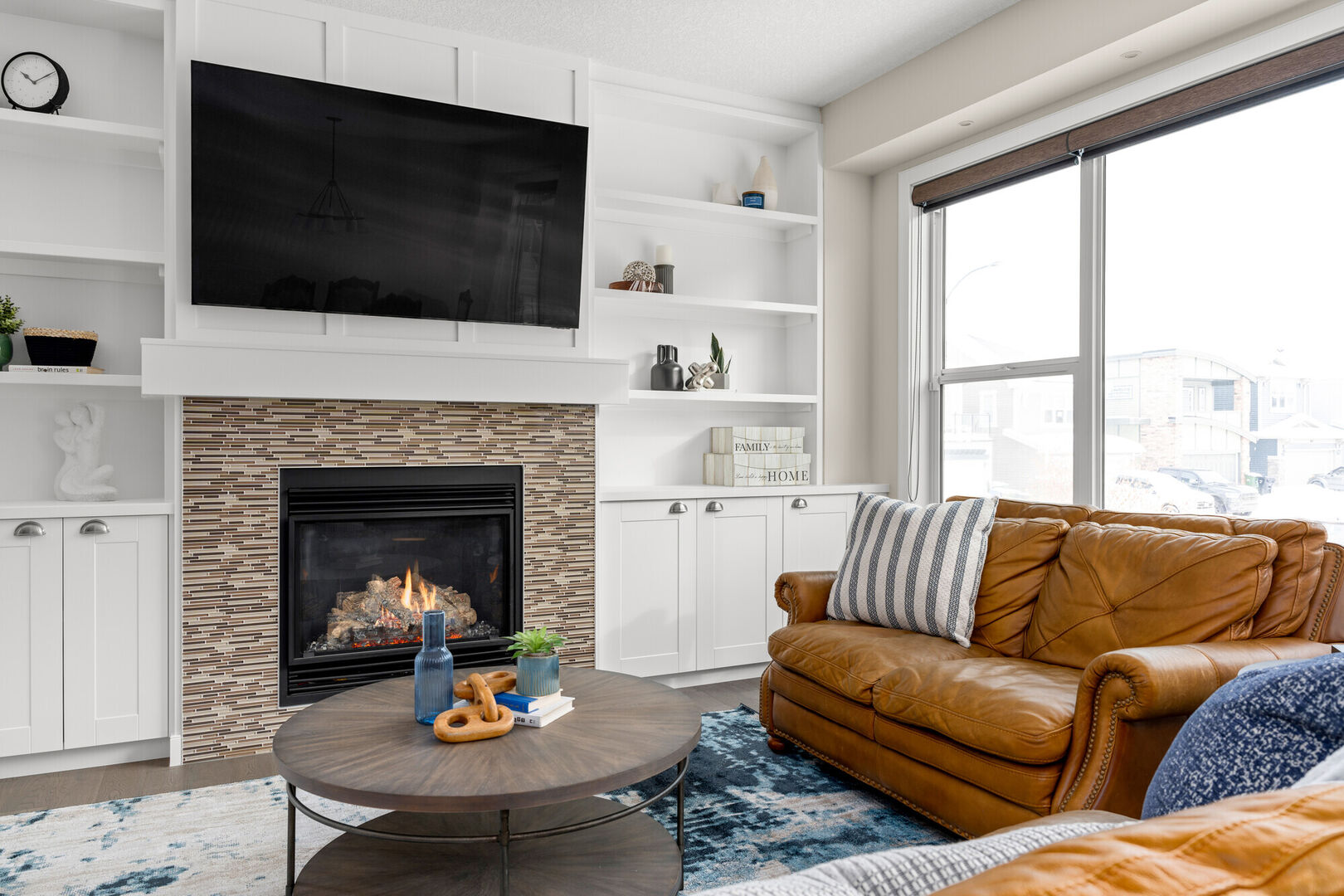 modern white built-ins with fireplace