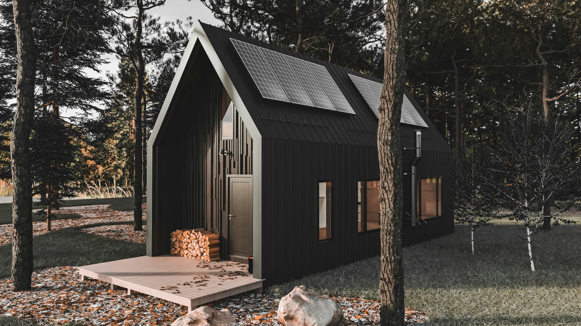 Modern black cabin in the woods tiny home