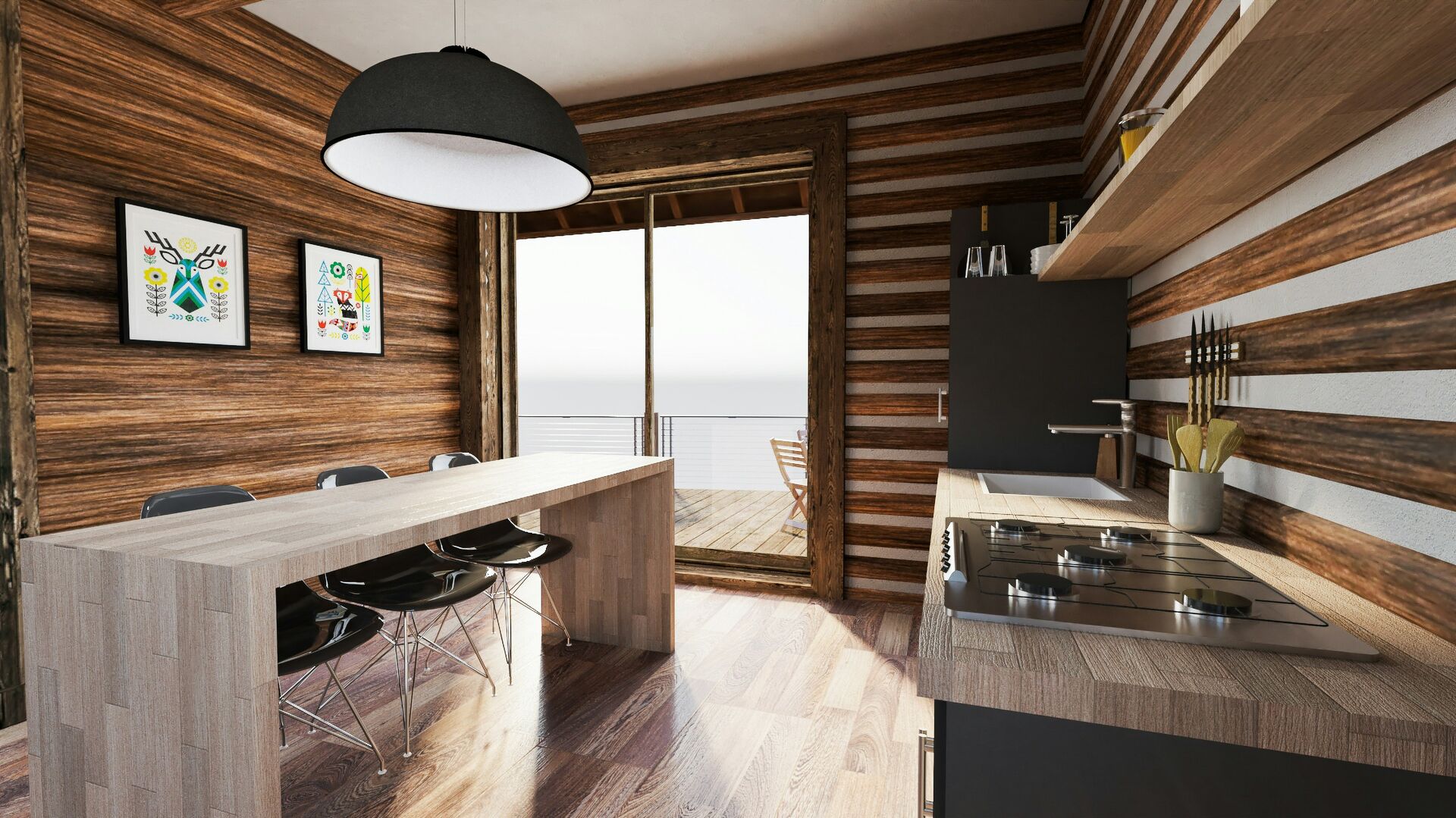 Modern cabin kitchen design, wood and white cabin kitchen